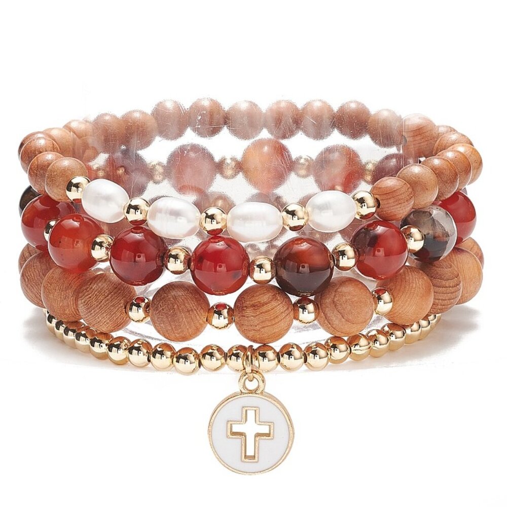 NWOT 4pc stacking set Natural Pearl, Agate and Wood Beaded Stretch Bracelets